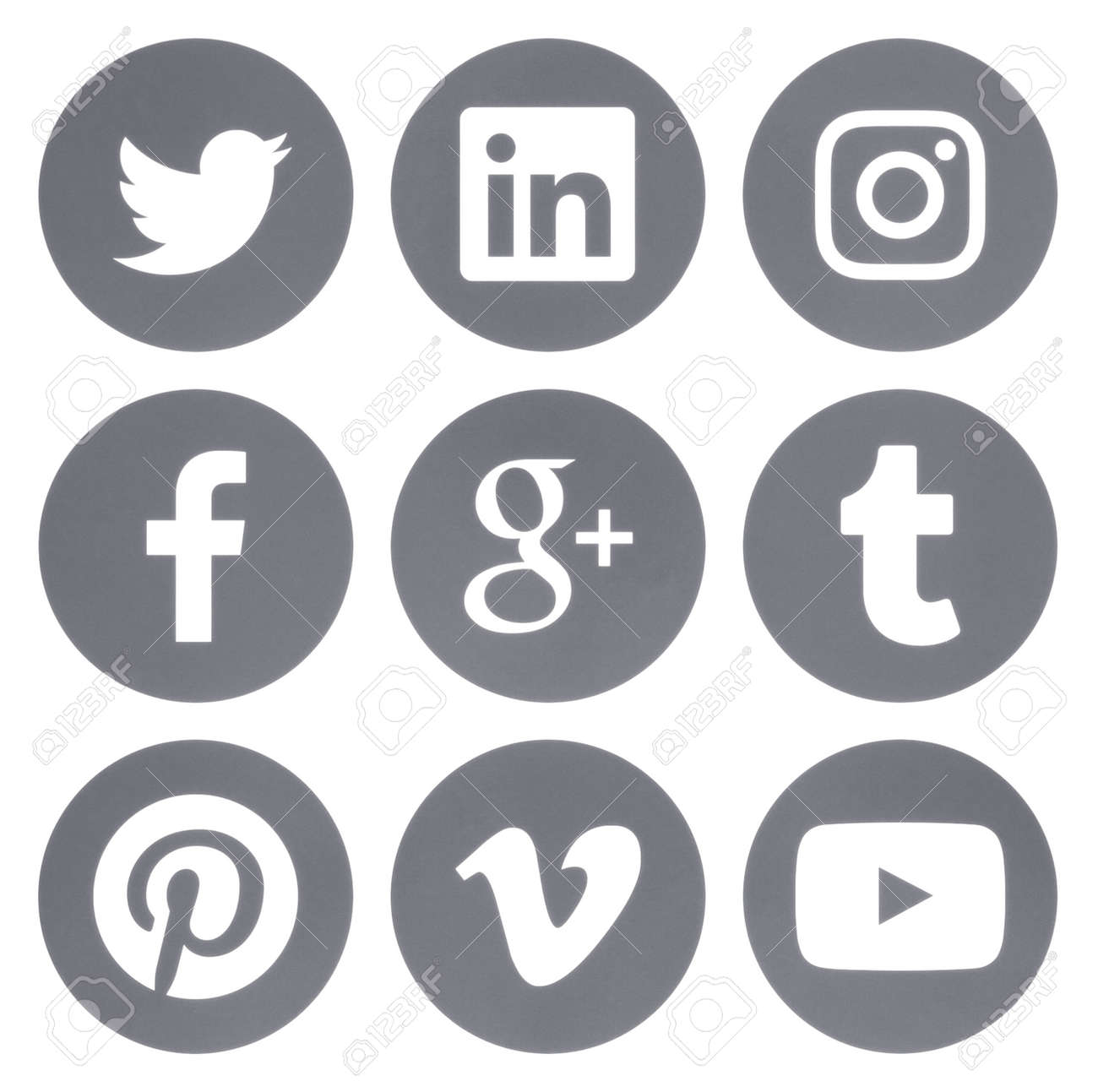 Kiev, Ukraine - Febraury 28, 2017: Collection of round popular social media gray logos printed on paper: Facebook, Twitter, Google Plus, Instagram, Pinterest, LinkedIn, Vimeo, Tumblr and Youtube - 74932833 Kiev, Ukraine - Febraury 28, 2017: Collection of round popular social media gray logos printed on paper: Facebook, Twitter, Google Plus, Instagram, Pinterest, LinkedIn, Vimeo, Tumblr and Youtube - 74932833