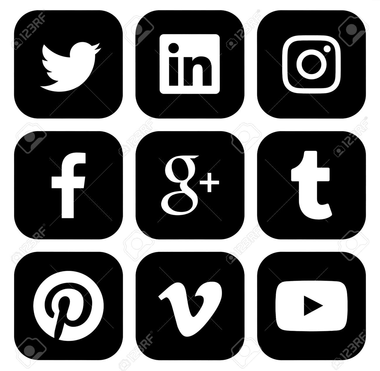 紙に印刷された黒人気のソーシャル メディアのロゴのキエフ ウクライナ 17 年 3 月 14 日 コレクション Facebook Twitter Google プラス Instagram Pinterest Linkedin Vimeo Tumblr や Youtube の写真素材 画像素材 Image