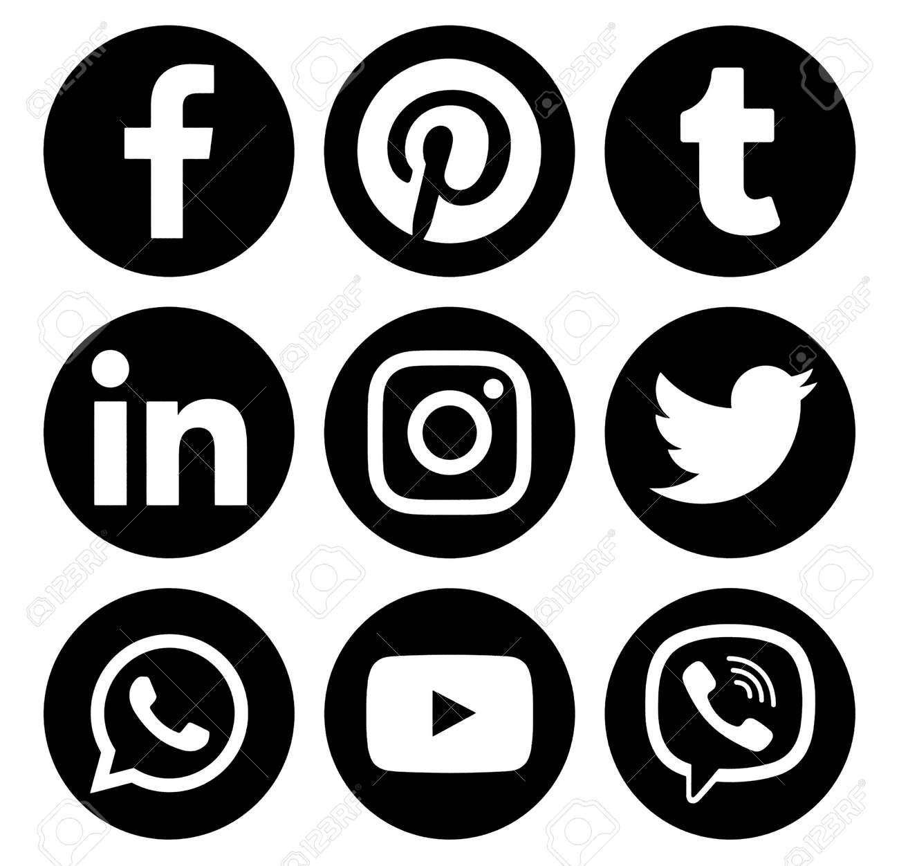 キエフ、ウクライナ - 2018年1月16日:紙に印刷された人気サークルソーシャルメディア黒のロゴ:フェイスブック 、ツイッター、インスタグラム、Pinterest、LinkedIn、Viber、Tumblr、WhatsAppとYouTubeの写真素材・画像素材  Image 106523314