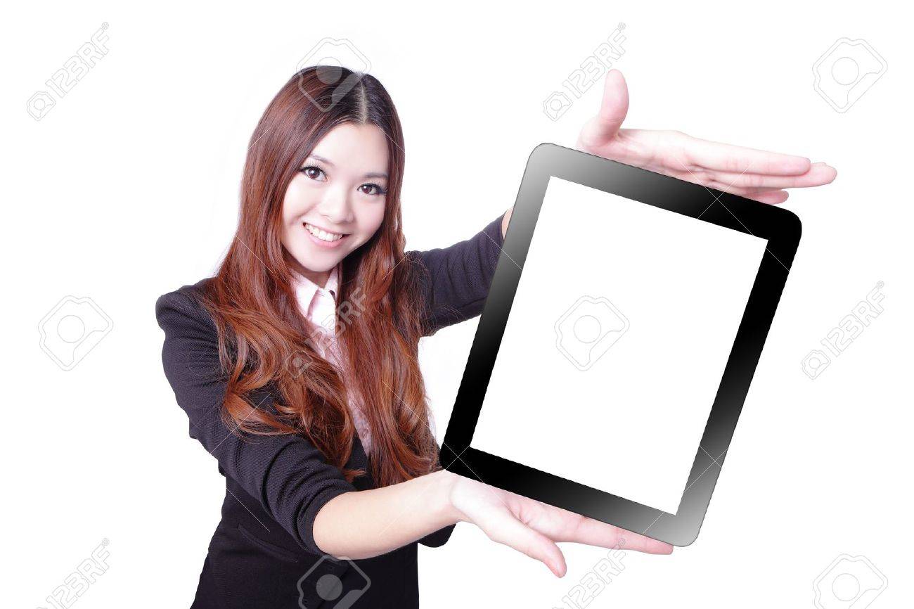 Business woman smile and showing tablet pc isolated on white background, model is a asian beauty - 11720489 Business woman smile and showing tablet pc isolated on white background, model is a asian beauty - 11720489