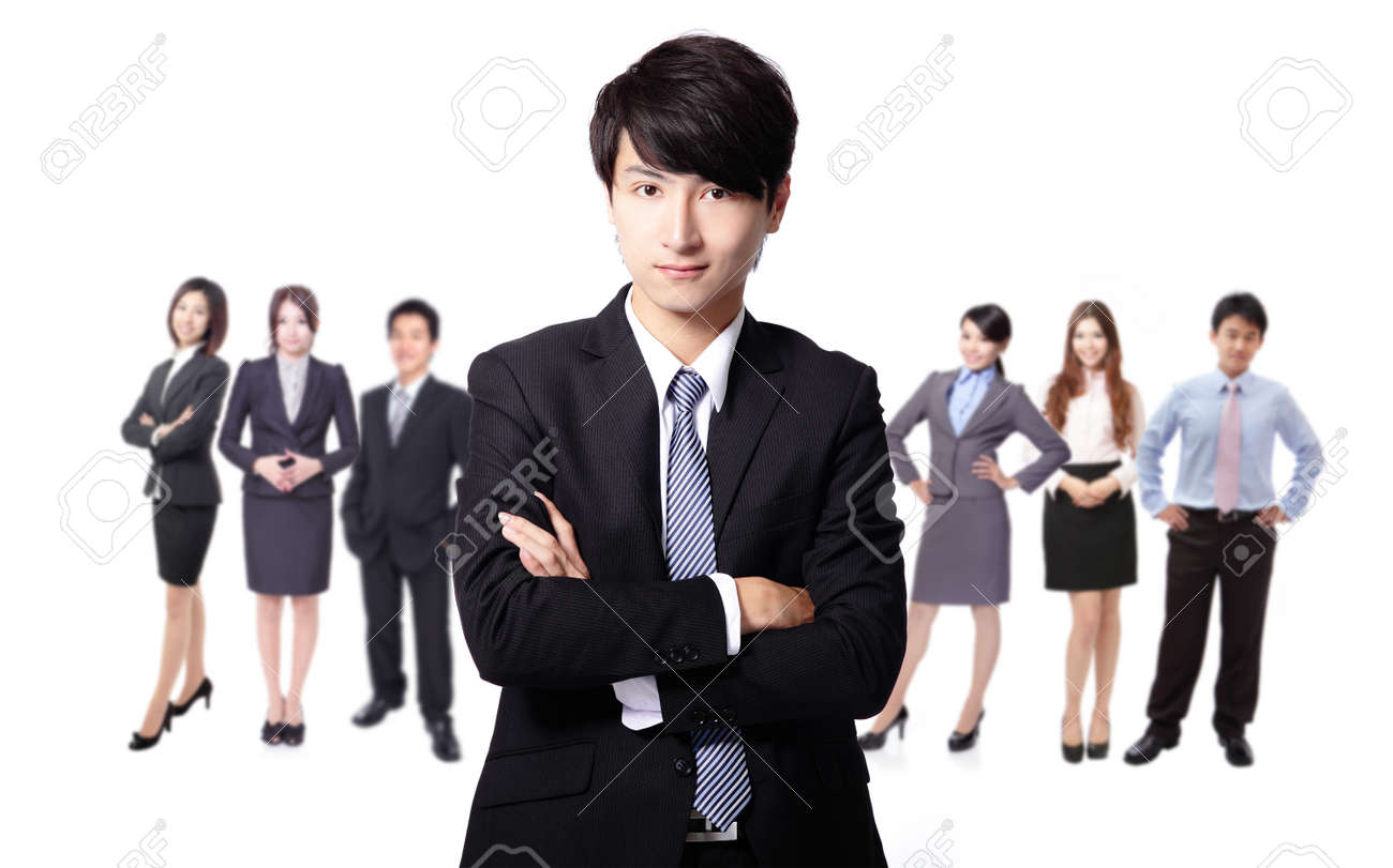 successful business man leading a business team isolated on white