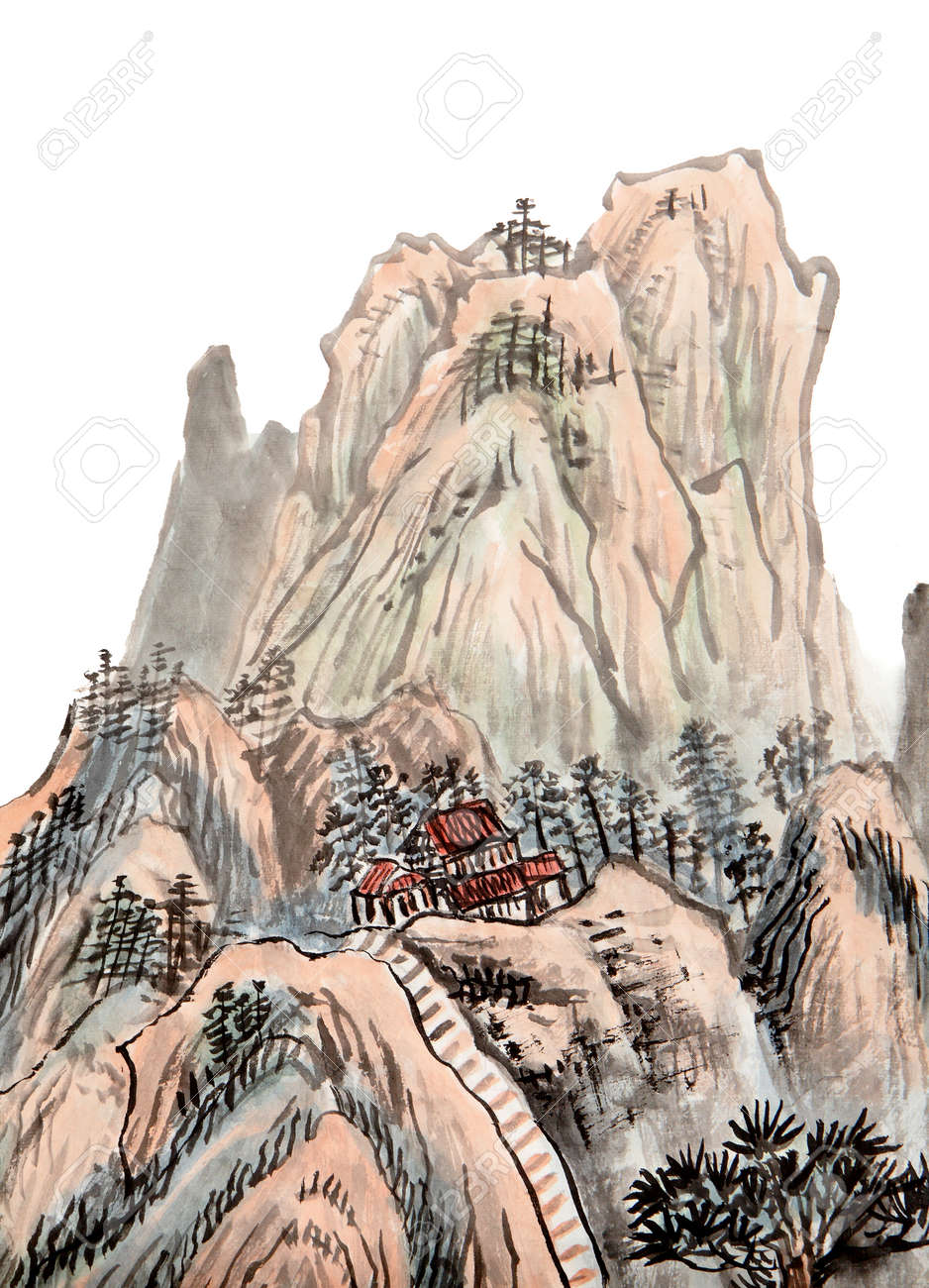 Traditional Chinese Painting , Mountain Stock Photo, Picture and