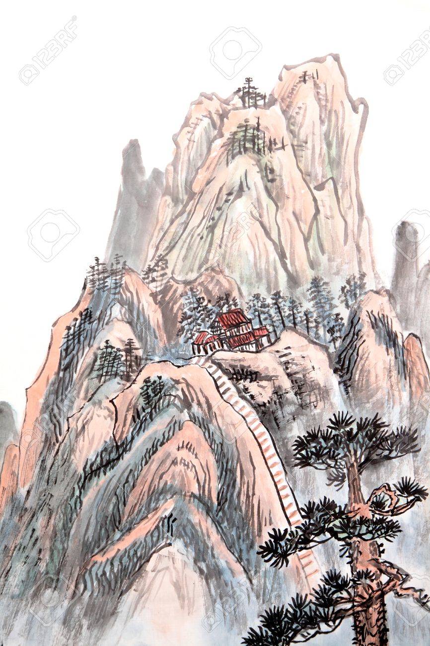 Traditional Chinese Painting Of High Mountain Landscape With Stock Photo Picture And Royalty Free Image Image 27124289