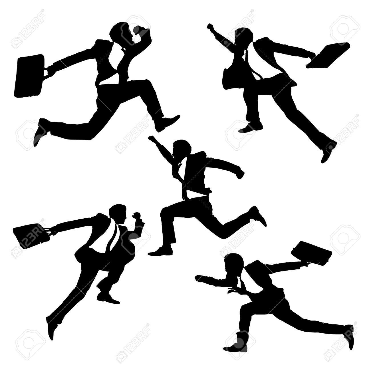 幸せジャンプと白い背景の上実行しているビジネスマンのシルエットのイラスト素材 ベクタ Image