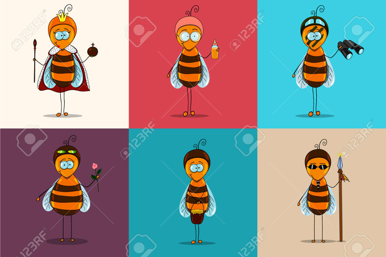 ミツバチのベクトルを設定します 警備員 諜報員 働き蜂 看護婦 蜂の男性 女王蜂の蜂の蜂が描かれています アイコンのスタイルで実行されます のイラスト素材 ベクタ Image