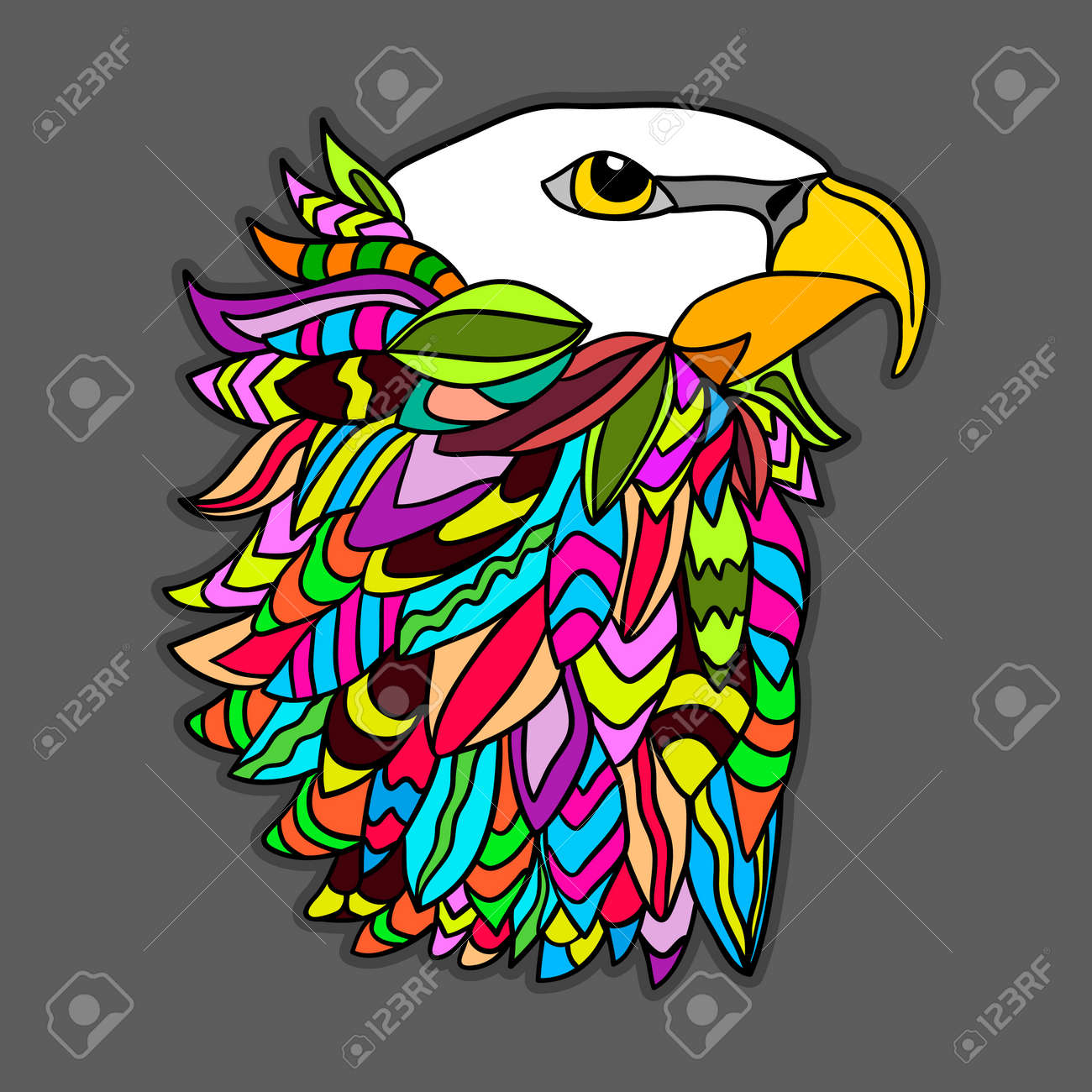鷲の頭にカラフルな羽冠とはがき かわいいベクター イラストです のイラスト素材 ベクタ Image
