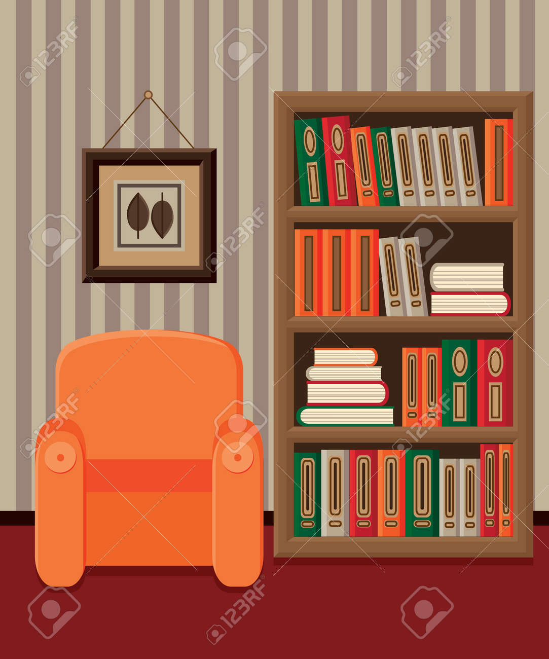 ホーム図書室の本棚と肘掛け椅子のイラスト インテリアのイラスト素材 ベクタ Image