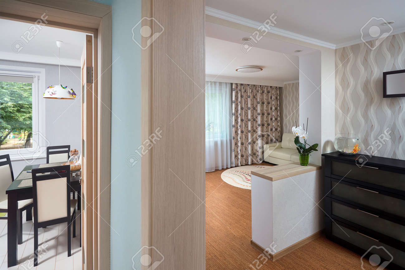 View from the hallway to the open doors to the kitchen and a room in a studio apartment. Doorway with wooden interior door with glass inserts in loft style closeup horizontal. - 158289861 View from the hallway to the open doors to the kitchen and a room in a studio apartment. Doorway with wooden interior door with glass inserts in loft style closeup horizontal. - 158289861
