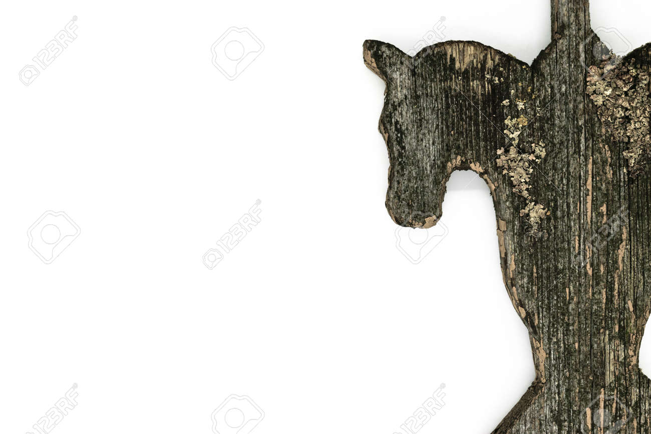 Very Old Wooden Horse Head Isolated On White Background Decoration