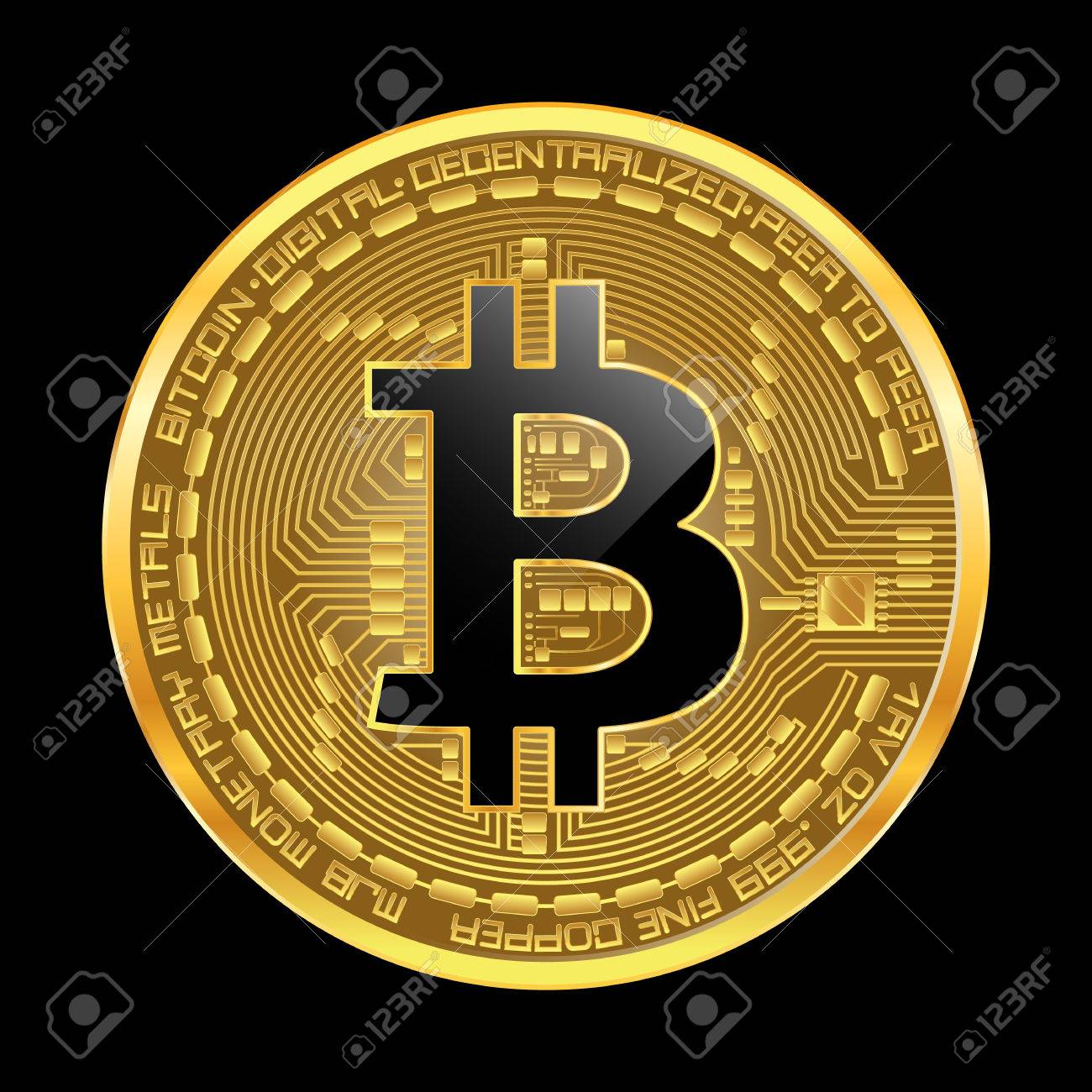 Moeda De Criptografia Moeda Dourada Com Símbolo De Bitcoin Lackered Preto  No Inverso Isolado No Fundo Preto. Ilustração Vetorial. Use Para Logotipos,  Produtos De Impressão, Página E Decoração Da Web Ou Outro