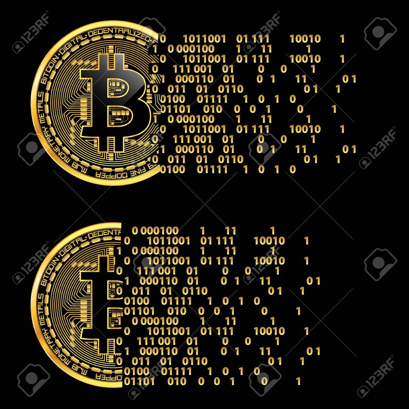 Goldene Münze Der Kryptowährung Mit Schwarzem Ermangeltem Bitcoin Symbol  Auf Der Vorderseite Lokalisiert Auf Schwarzem Hintergrund.  Vektor-Illustration. Verwenden Sie Für Logos, Printprodukte, Seiten- Und  Webdekor Oder Anderes Design. Lizenzfrei ...