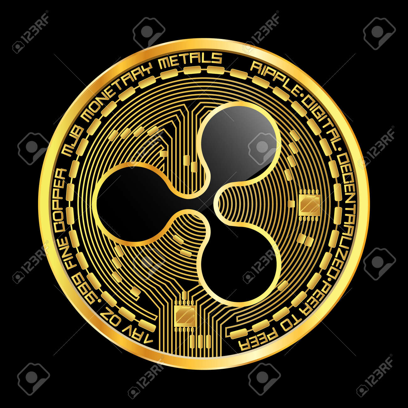 黒の背景上に分離されて表側に黒 Lackered リップル記号暗号通貨ゴールデン コイン。ベクトルの図。ロゴの印刷製品、ページと Web  装飾やその他のデザインに使用します。のイラスト素材・ベクター Image 86815221