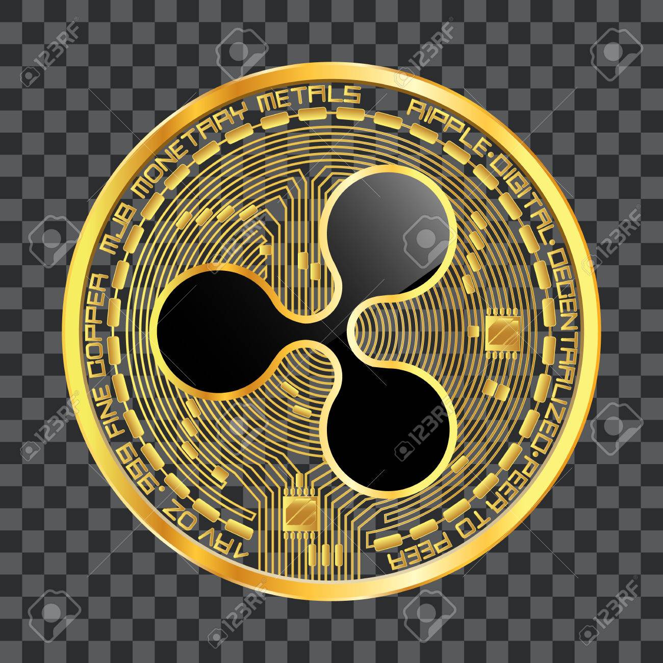 Stock Photography 투명 한 배경에 고립 된도 생판에 리플 기호가없는 검은 색으로 암호화 통화 황금 동전. 벡터 일러스트  레이 션. 로고, 인쇄물, 웹 장식 또는 기타 디자인에 사용하십시오. 로열티 무료 사진, 그림,