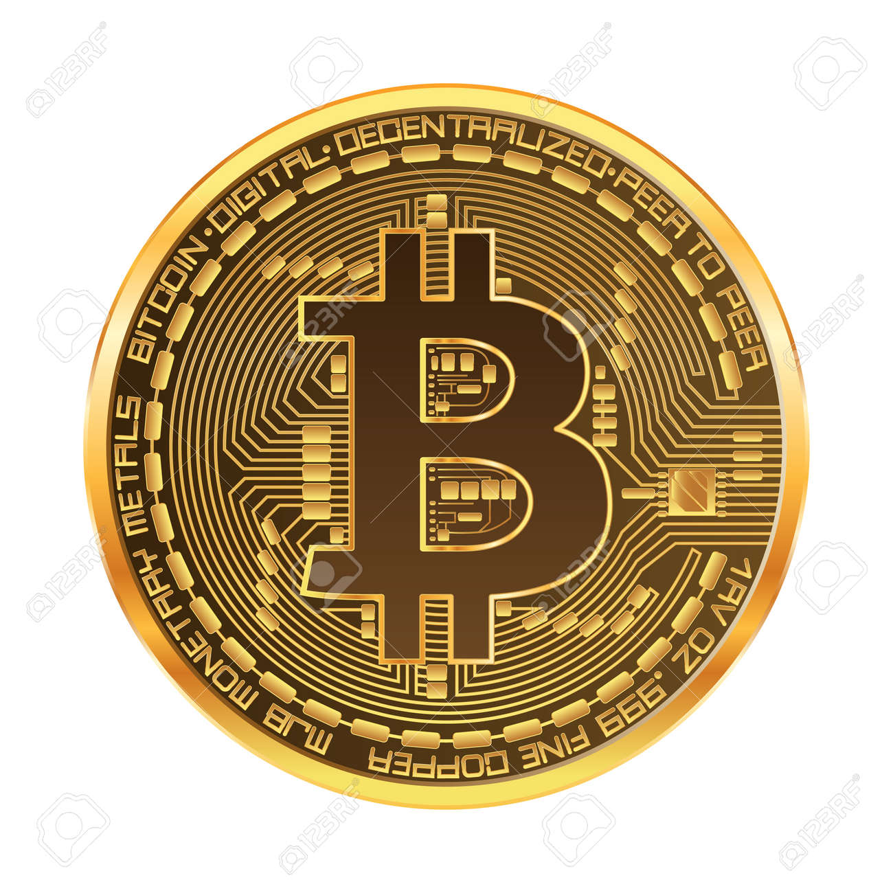 Moneda De Oro De Crypto Currency Con El Símbolo De Oro De Bitcoin En El  Anverso Aislado En El Fondo Blanco. Ilustración Vectorial Ilustraciones  svg, vectoriales, clip art vectorizado libre de derechos.