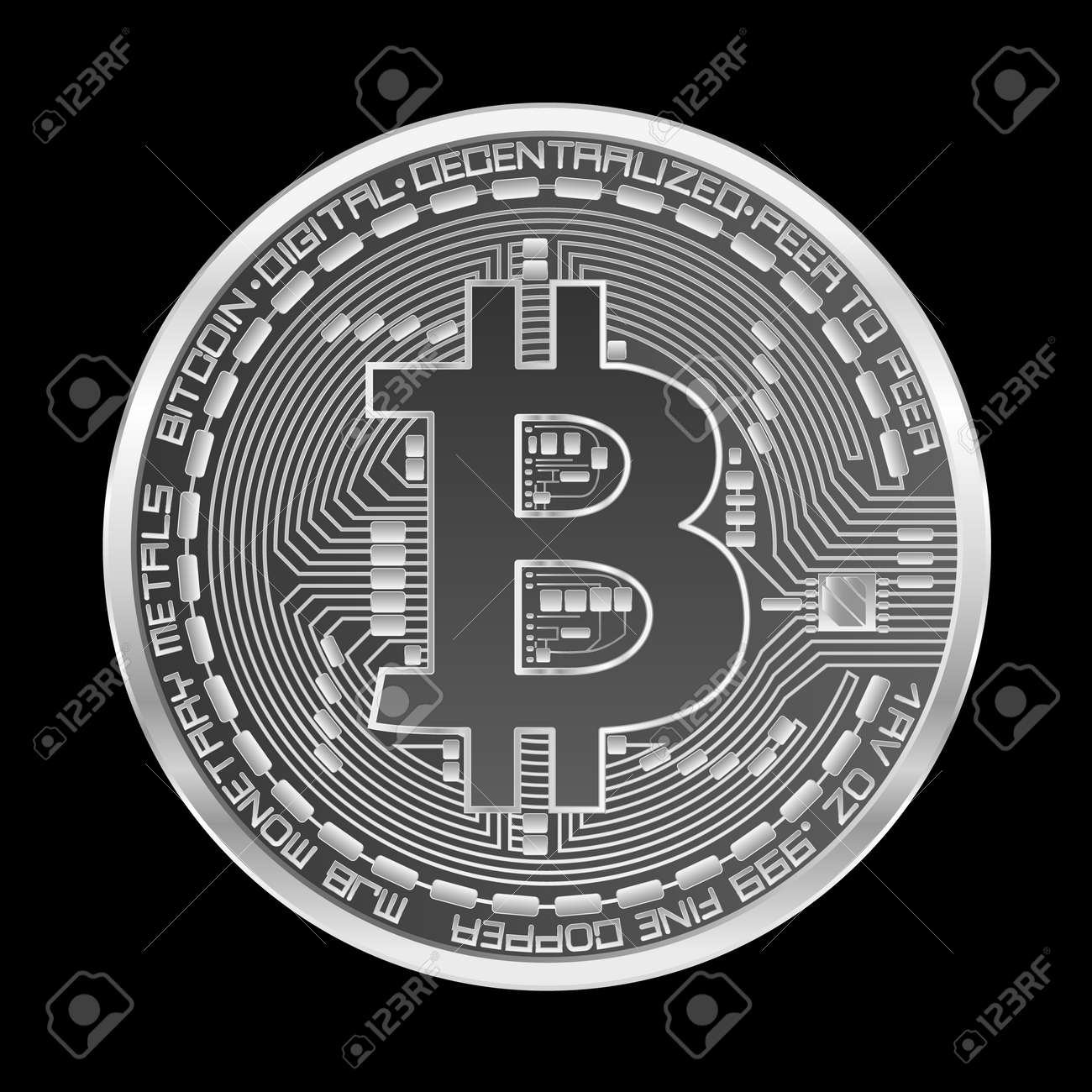 Moeda De Prata Da Moeda Cripto Com Símbolo De Prata Do Bitcoin No Anverso  Isolado No Fundo Preto. Ilustração Vetorial Ilustraciones svg, vectoriales,  clip art vectorizado libre de derechos. Image 91874762