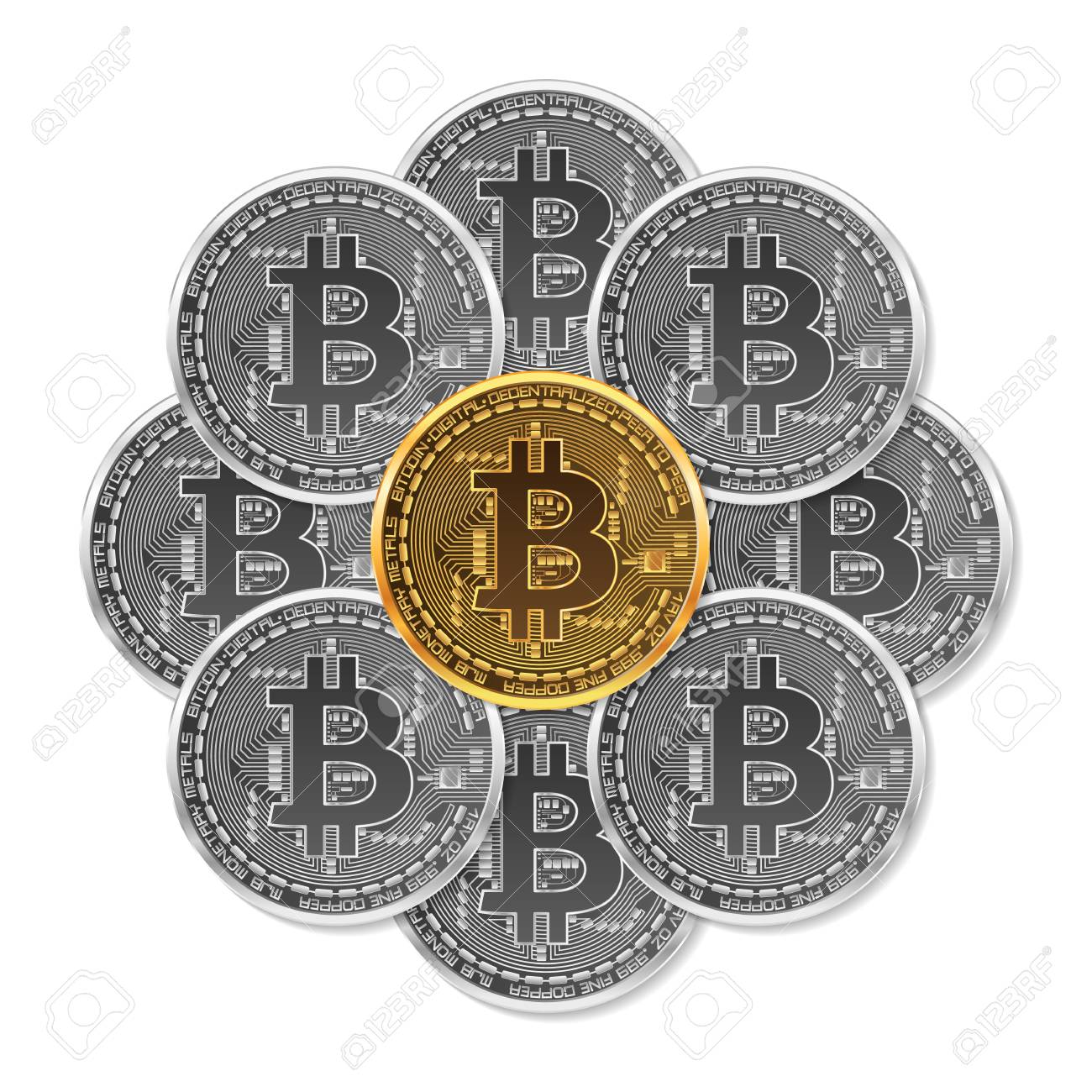 흰색 배경에 고립 된 앞면에 Bitcoin 기호로 금색과 은색 암호화 통화 동전의 집합입니다. 벡터 일러스트 레이 션. 로고, 인쇄물,  페이지 및 웹 장식 또는 기타 디자인에 사용하십시오. 로열티 무료 사진, 그림, 이미지