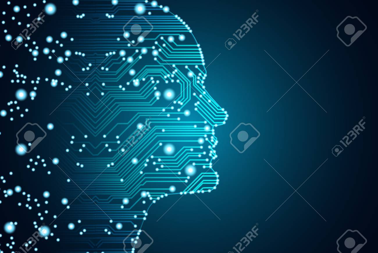 Big data and artificial intelligence concept. Machine learning and cyber mind domination concept in form of men face outline outline with circuit board and binary data flow on blue background. - 100913722 Big data and artificial intelligence concept. Machine learning and cyber mind domination concept in form of men face outline outline with circuit board and binary data flow on blue background. - 100913722