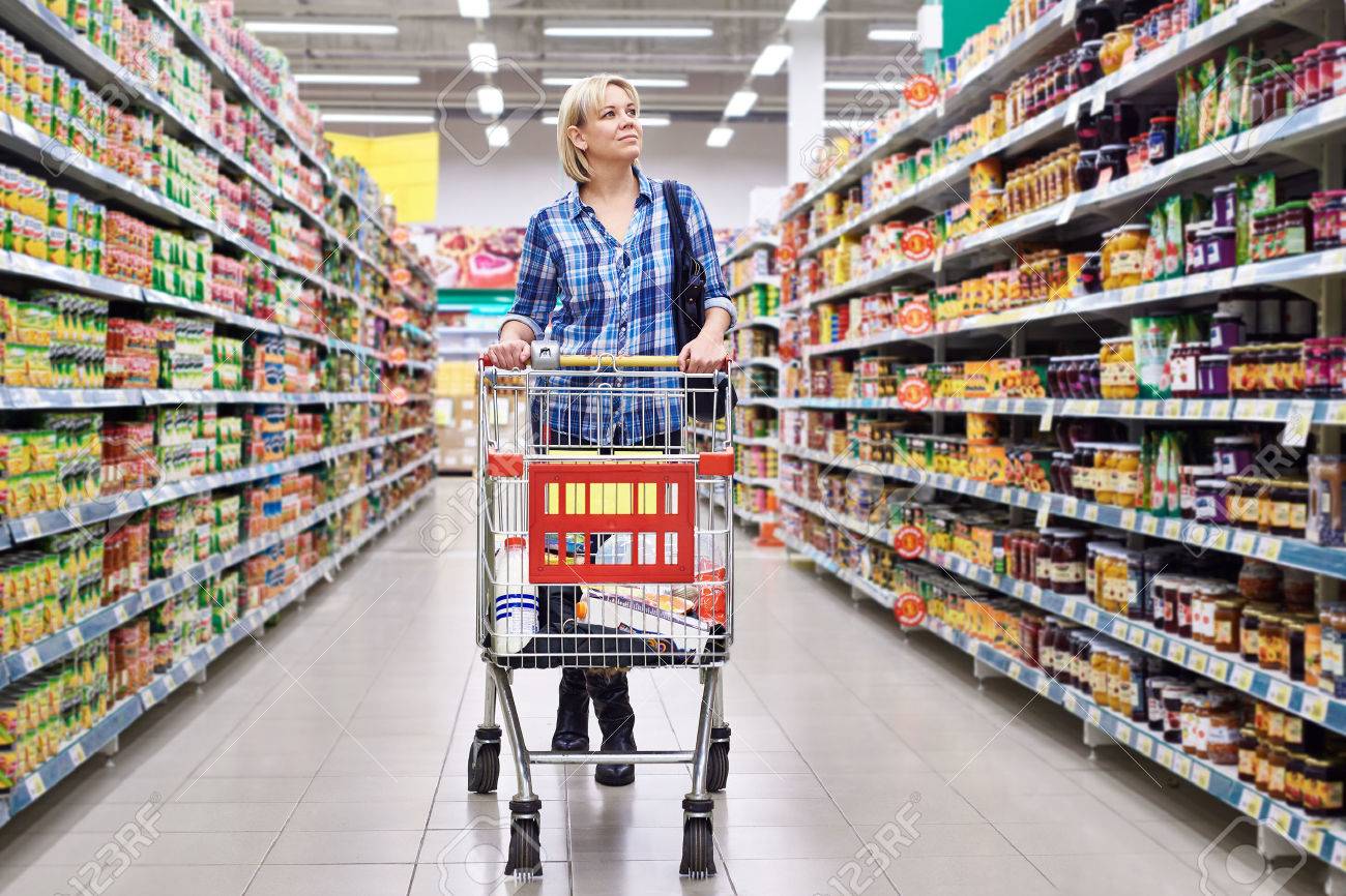 Women Housewife With Cart Shopping In Supermarket Stock Photo, Picture and  Royalty Free Image. Image 37640936.