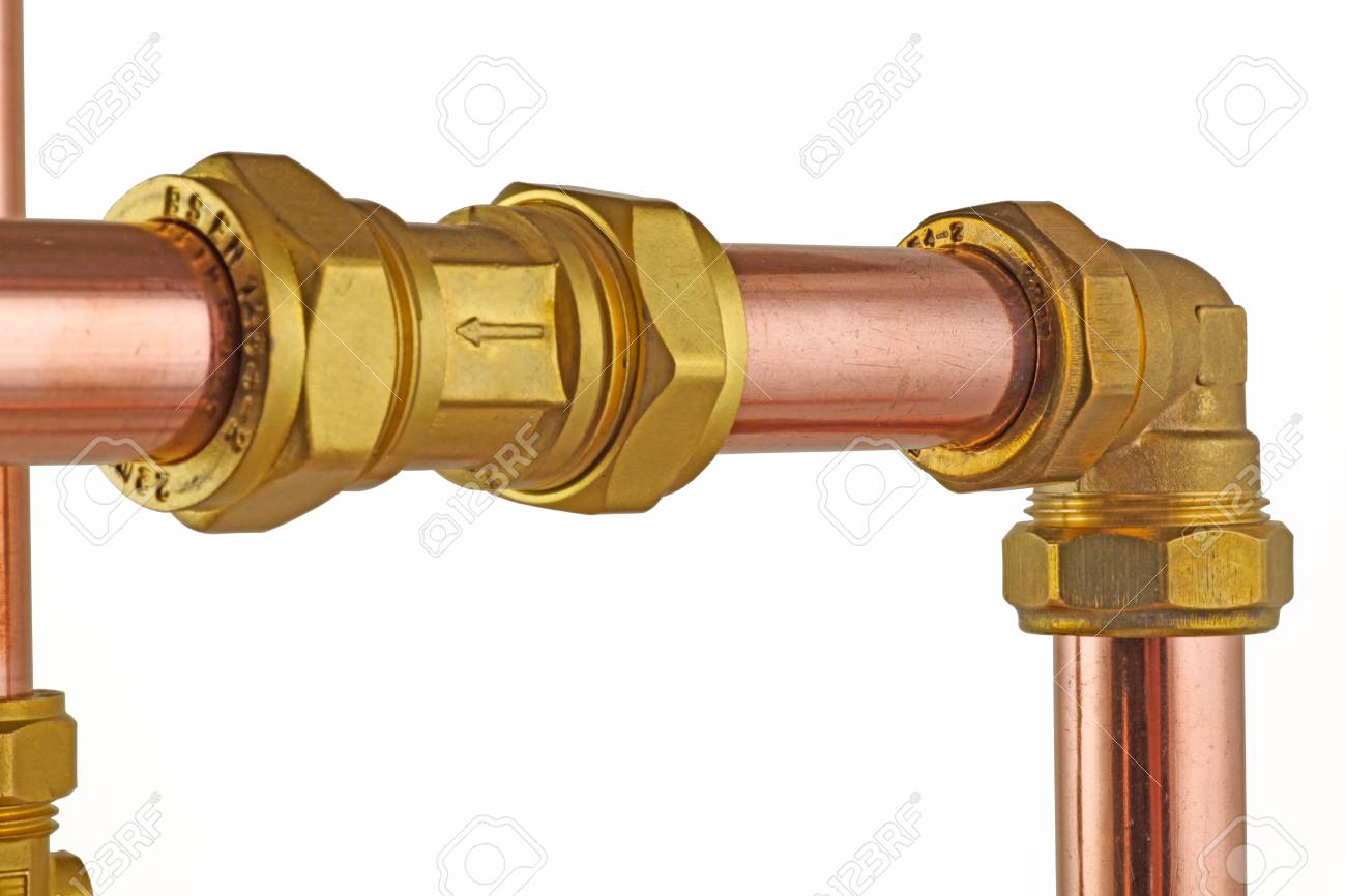Copper Pipework Copper Pipe And Compression Fittings Isolated Stock Photo Picture And Royalty Free Image Image 91452178