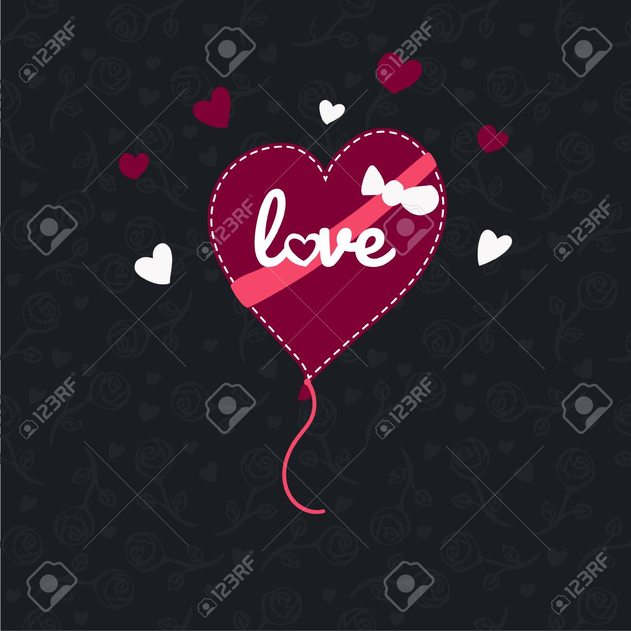 Balao Liso Do Coracao Do Vetor Com Texto Do Amor E Coracoes Pequenos Ao Redor No Fundo Sem Emenda Do Teste Padrao Com Rosas Dispostas Aleatoriamente Sobre Um Fundo Escuro Com Pequenos