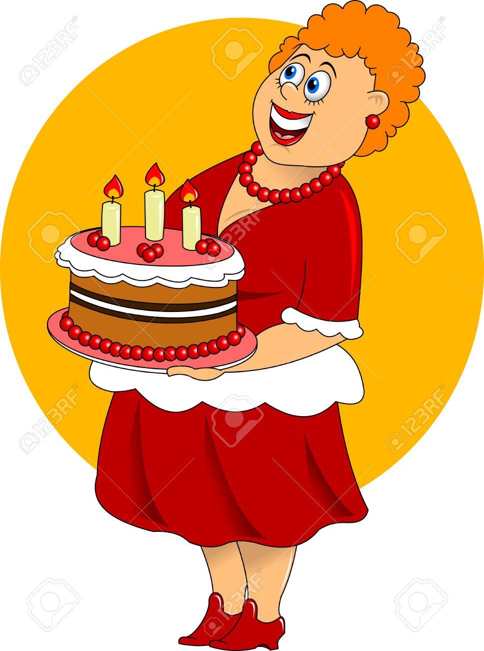 Femme En Robe Rouge Avec Un Gateau D Anniversaire Vecteur Clip Art Libres De Droits Vecteurs Et Illustration Image