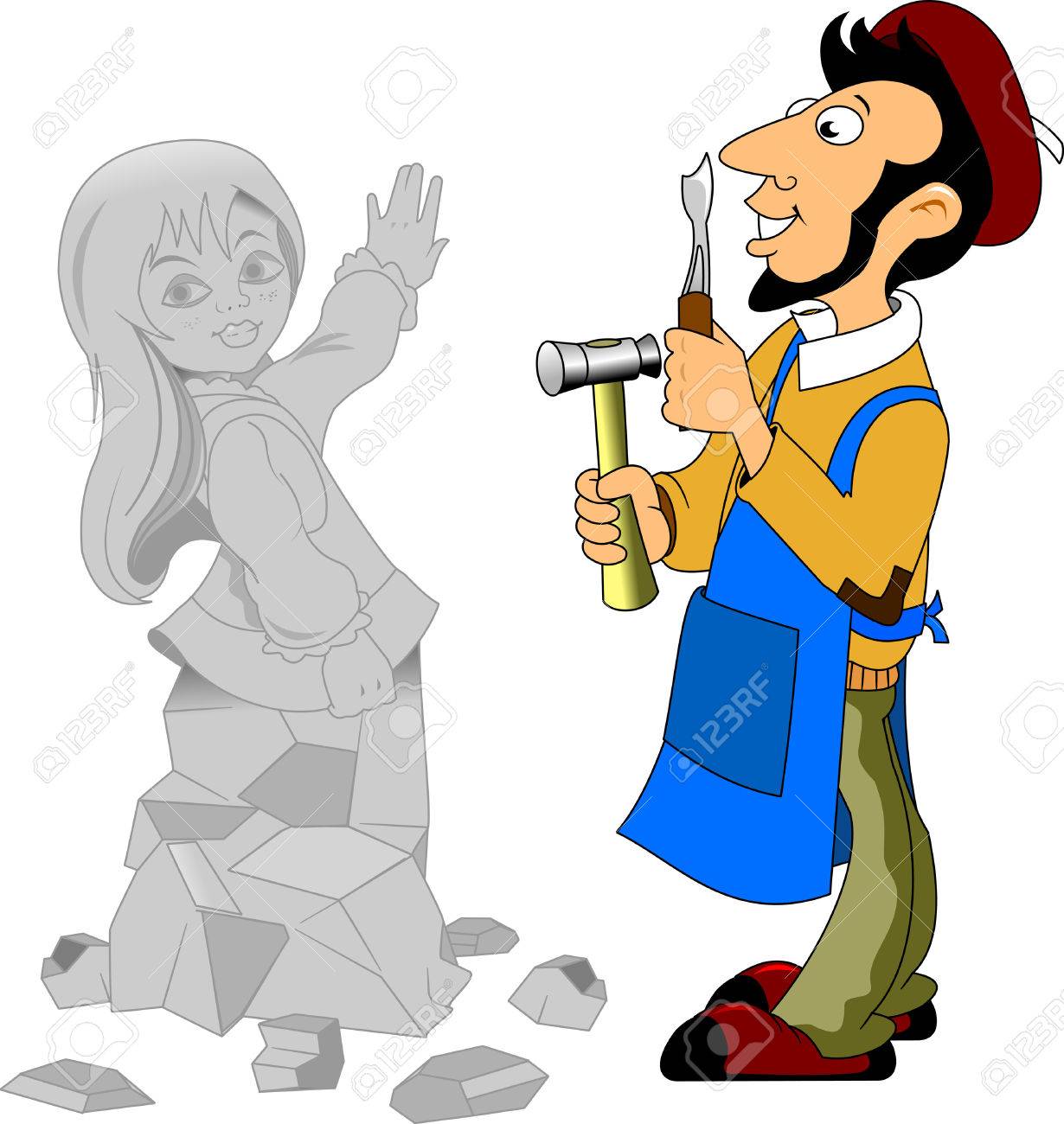 ノミとハンマー ベクトル図を保持している彫刻家少年のイラスト素材 ベクタ Image