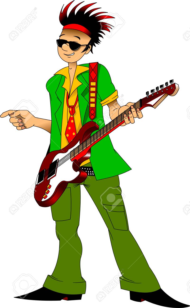 赤いギター ベクトル図と緑のスーツで陽気なギタリスト のイラスト素材 ベクタ Image