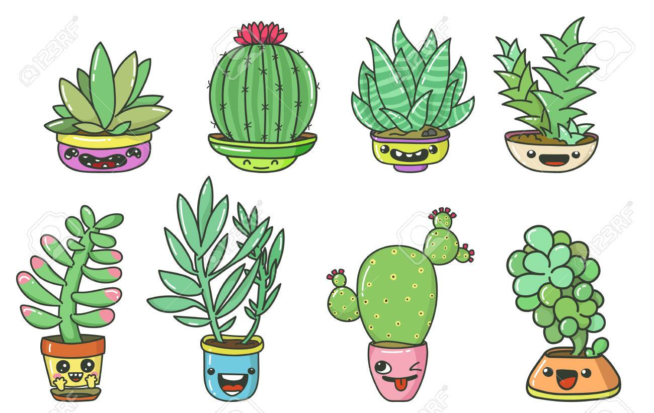 Cute Cartoon Cactuses And Succulents With Funny Faces On Pots Royalty Free Cliparts Vectors And Stock Illustration Image 67766066