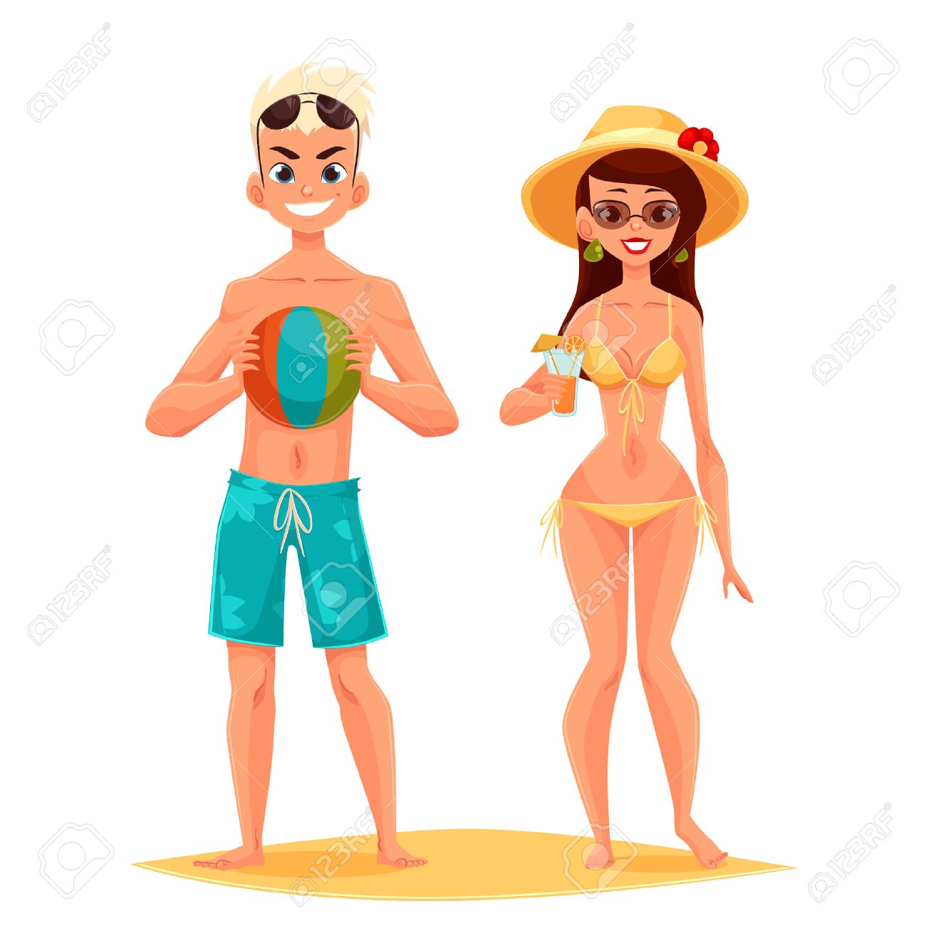 Garçon Et Fille En Vacances Dessin Animé Illustration Vectorielle En Couple Sur La Plage Mec Avec Des Lunettes De Natation Troncs Un Chapeau Fille