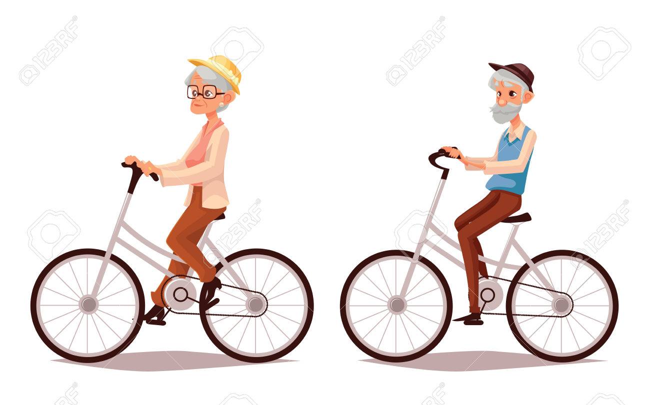 成熟したカップルがバイクに乗って 2 人 Zhenschitsy 老人の漫画イラスト乗る自転車 古い男性と女性スポーツ 古いに関与して古い乗るバイク 分離カップル老人 の写真素材 画像素材 Image
