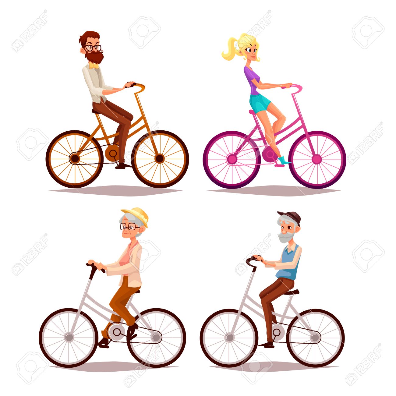 自転車に乗る人のセット ひげを持つ老人 白地に分離されたベクトル漫画コミック イラストと自転車に乗って 若いカップルの男の子と女の子の女性が自転車に乗る のイラスト素材 ベクタ Image