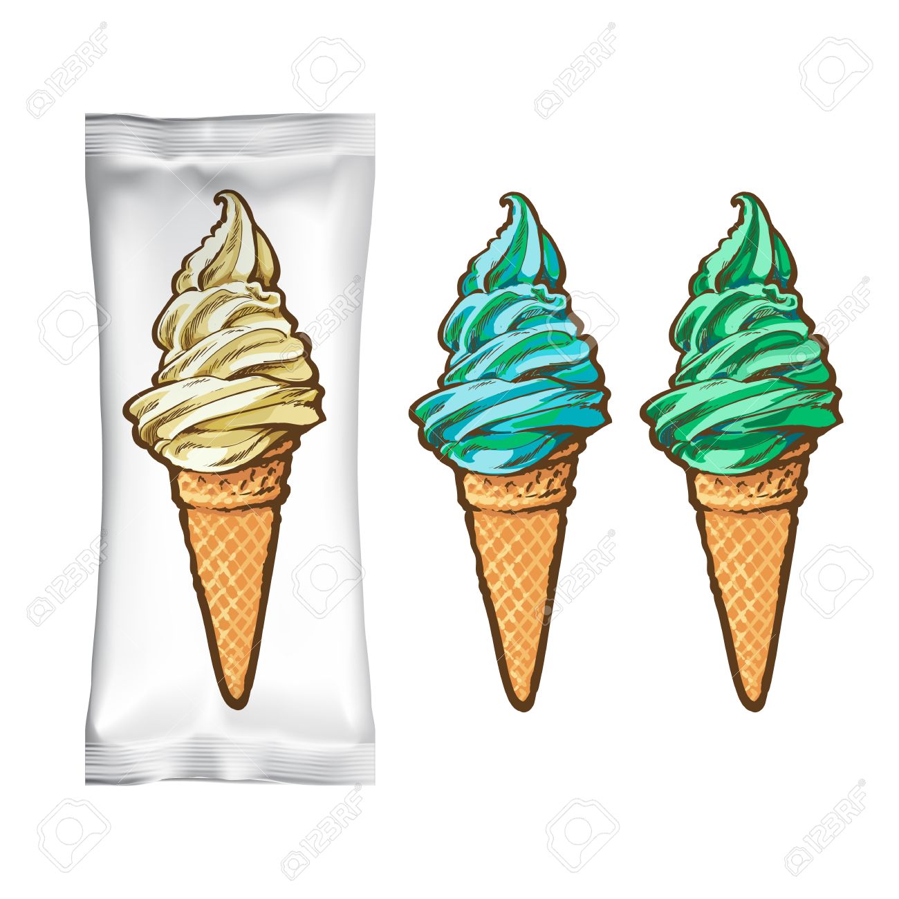 アイス クリーム パッケージ デザイン ベクター スケッチ白い背景 手描きセット アイス クリーム アイスクリーム ファーストフードやお菓子 おやつの デザインを包装の 3 D パッケージに分離されたリアリズム のイラスト素材 ベクタ Image