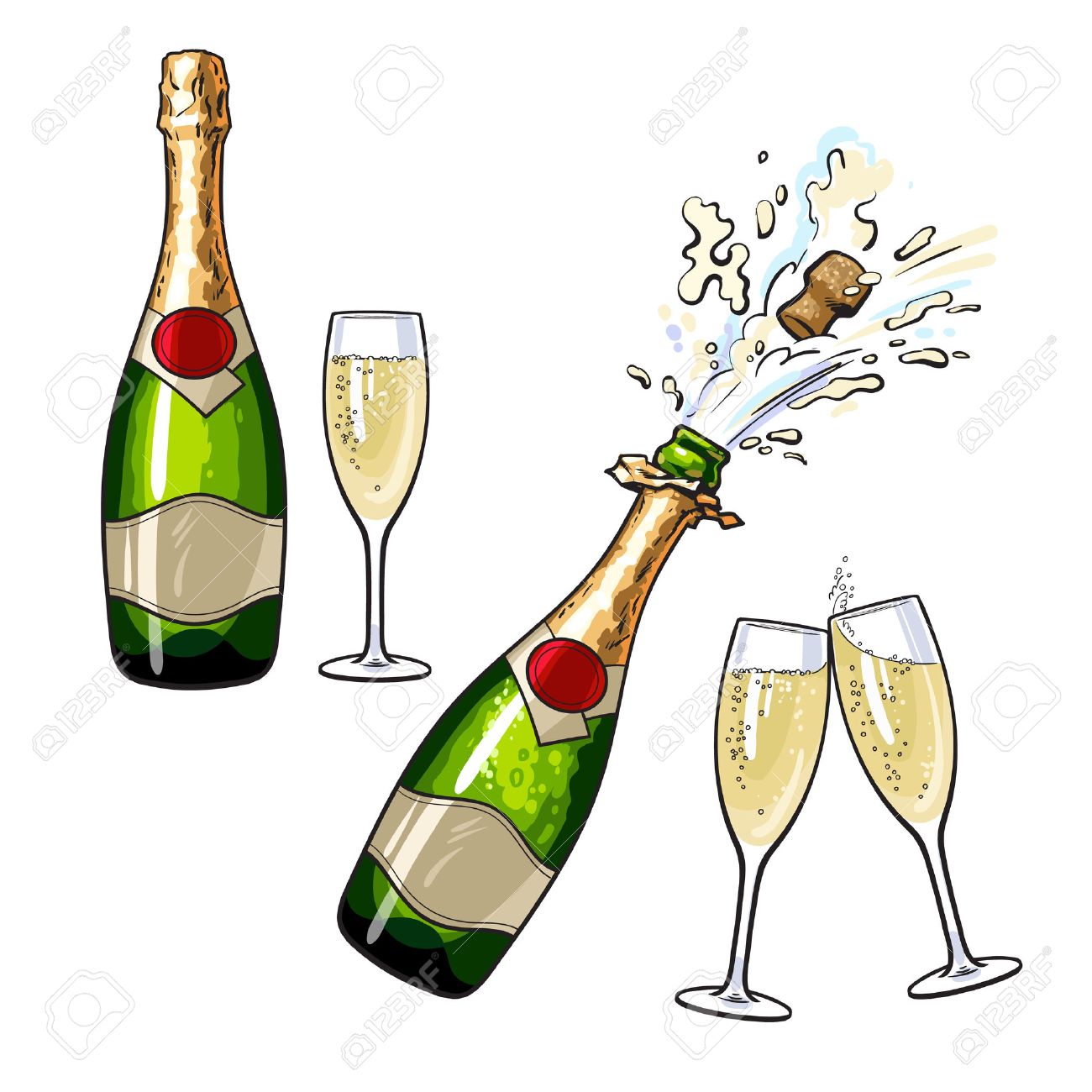 champagne bottle and glasses set of cartoon vector illustrations