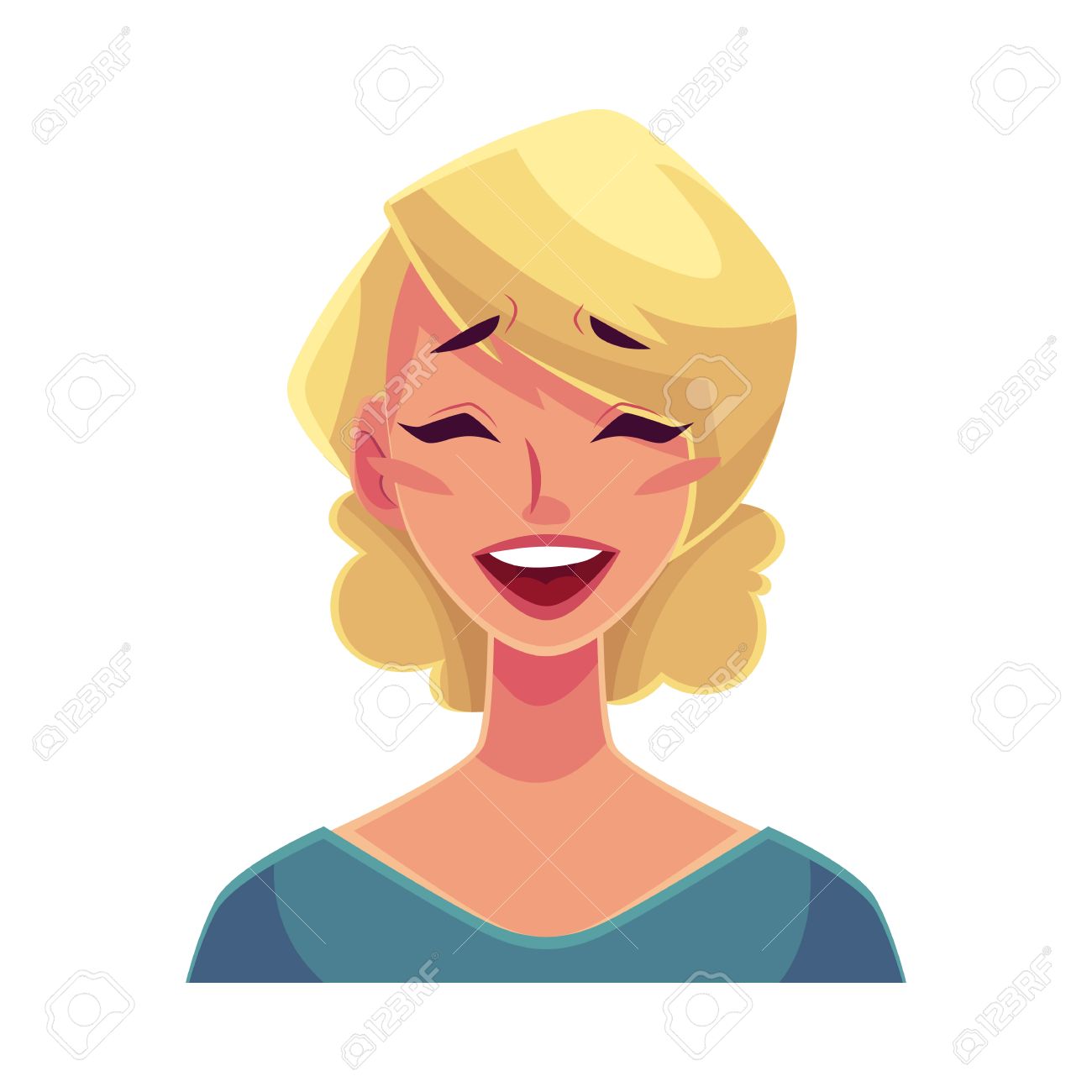 Mujer Bonita Rubia, Expresión Facial Risa, Ilustraciones De Vectores De Dibujos Animados Aislados En El Fondo Blanco. Hermosa Mujer Riendo A La Carga Con Los Ojos Cerrados Y La Boca Abierta. Riendo Mujer Bonita Rubia, Expresión Facial Risa, Ilustraciones De Vectores De Dibujos Animados Aislados En El Fondo Blanco. Hermosa Mujer Riendo A La Carga Con Los Ojos Cerrados Y La Boca Abierta. Riendo