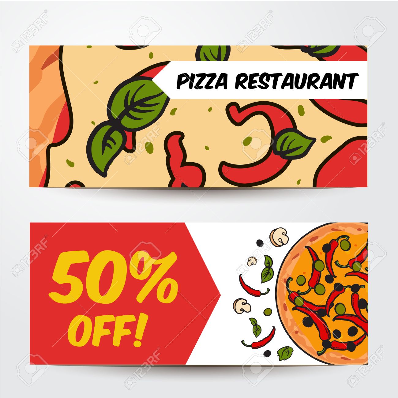 two horizontal pizza banners with ingredients colorful sketch pizza sale flyer template