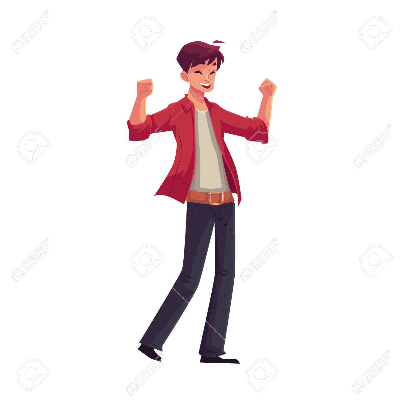 ハンサムな若い男が幸せと興奮 白い背景で隔離の漫画ベクトル イラストに手を上げます 幸せな若い男を成功または手で勝利を祝うのイラスト素材 ベクタ Image