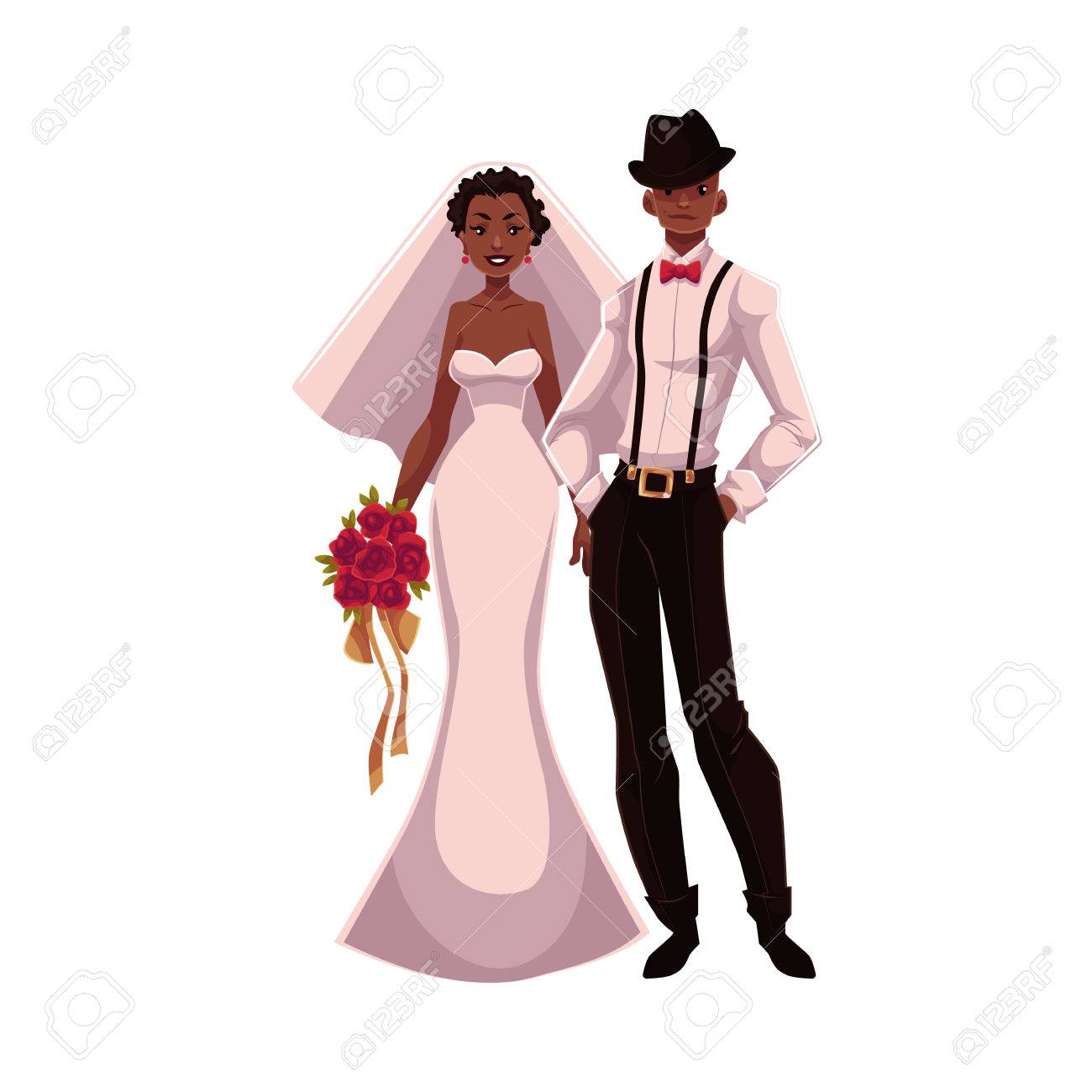 Afro Américaine Vient De Se Marier Couples Jeune Mariée Et Le Marié Dessin Animé Illustration Isolé Sur Fond Blanc Mariée Noire Et Le Marié Dans Les Vêtements à La Mode De Se Marier