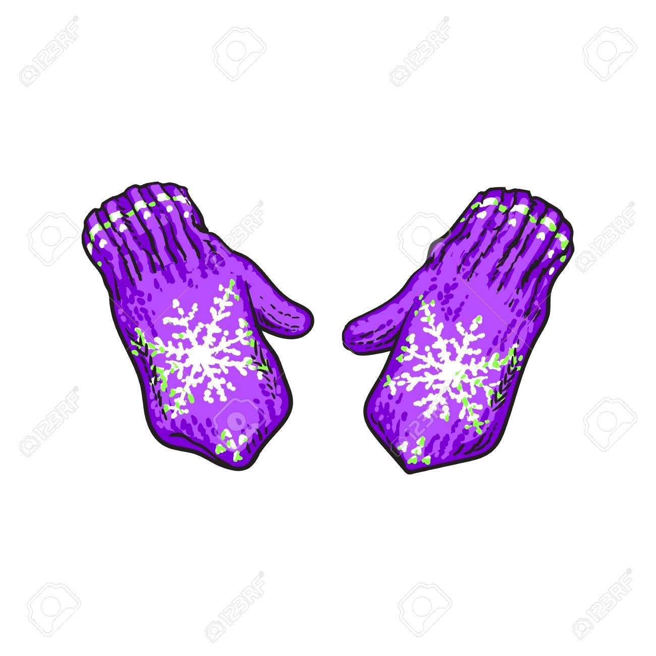 Par De Guantes De Invierno De Punto Púrpura Brillante Con Los Copos De Nieve Ilustraciones De Vectores Estilo Boceto Aislado En El Fondo Blanco Dibujado A Mano Con Guantes De Lana Snoflakes
