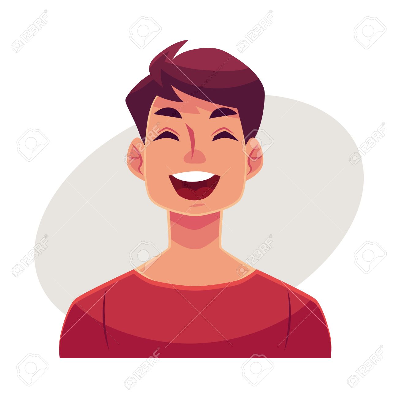 若い男の顔 表情 灰色の背景に分離された漫画ベクトル イラストを笑っています ハンサムな男の子の絵文字を笑って目を閉じてロードし 口を開きます 笑い表情 のイラスト素材 ベクタ Image