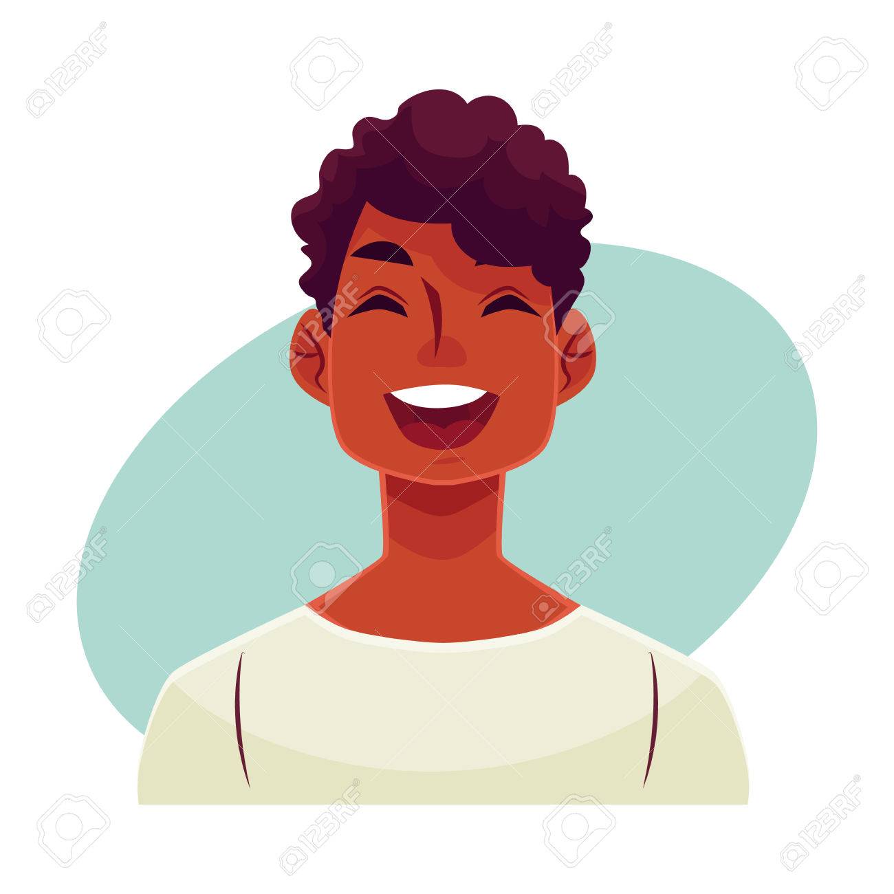 若いアフリカ男顔 笑い顔の表情 青の背景に分離された漫画ベクトル イラスト ハンサムな男の子の絵文字を笑って目を閉じてロードし 口を開きます 笑い顔 の イラスト素材 ベクタ Image