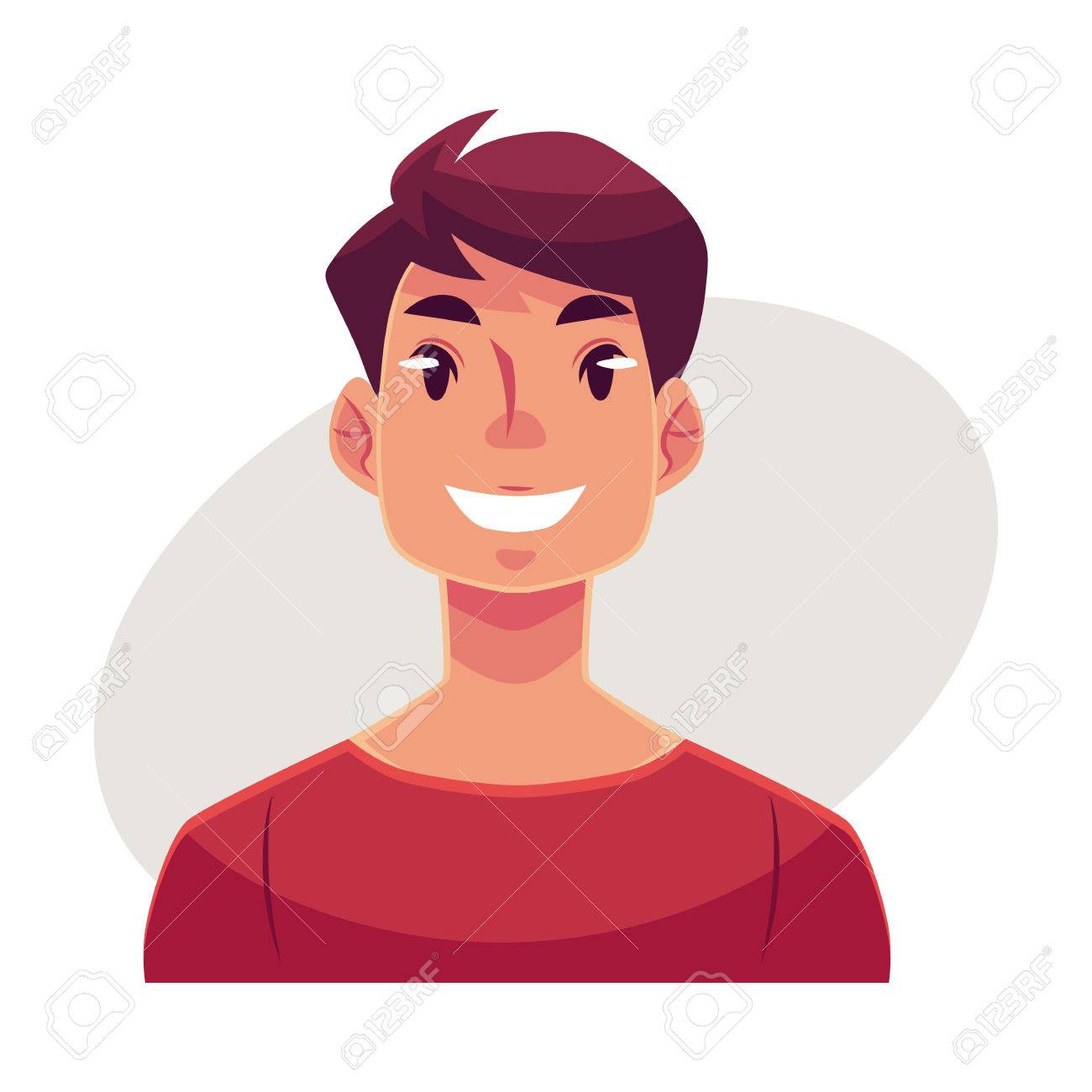 若い男の顔 表情 灰色の背景に分離された漫画ベクトル イラストの笑顔します 広い笑顔 白い歯で絵文字でハンサムな少年 幸せ 嬉しい 表情に笑みを浮かべて のイラスト素材 ベクタ Image