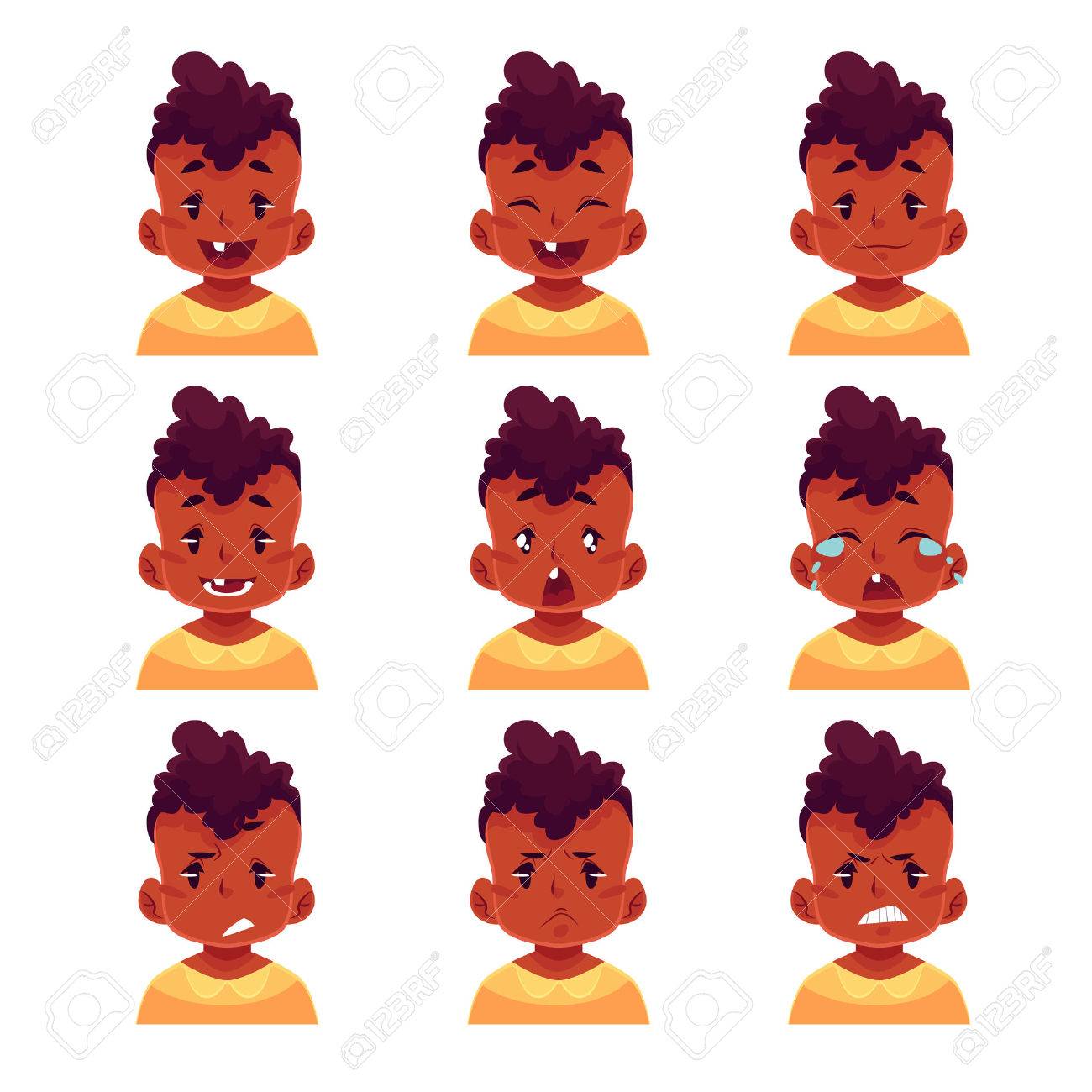 Expression Du Visage Petit Garcon Ensemble D Illustrations De Vecteur De Dessin Anime Isole Sur Fond Blanc Icones De Visage Emoji Male Noir Enfant Expressions Faciales Ensemble D Avatars De Bebe Garcon Avec Differentes