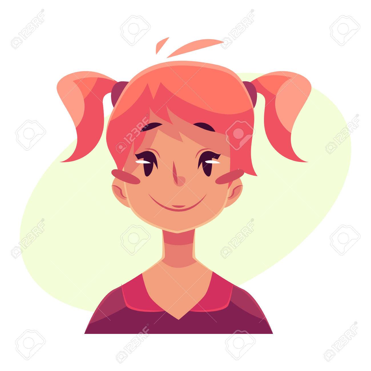 十代の少女の顔 中立的な表情 黄色の背景に分離された漫画ベクトル イラスト 赤い髪の少女絵文字顔気持ち嬉しい 穏やかな リラックスした 嬉しく思います 中立的な表情 のイラスト素材 ベクタ Image