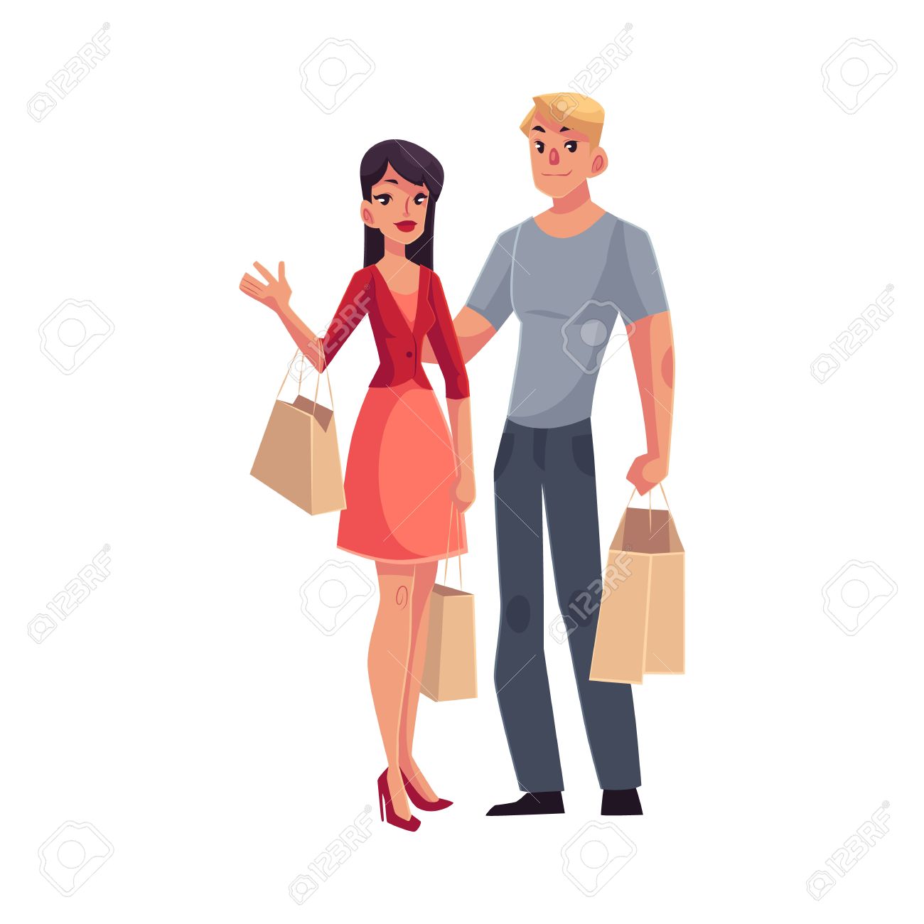 El hombre y la mujer con bolsas de la compra. ilustración vectorial de dibujos animados de la mujer y el hombre va plana con teléfono y paquetes en El hombre y la mujer con bolsas de la compra. ilustración vectorial de dibujos animados de la mujer y el hombre va plana con teléfono y paquetes en