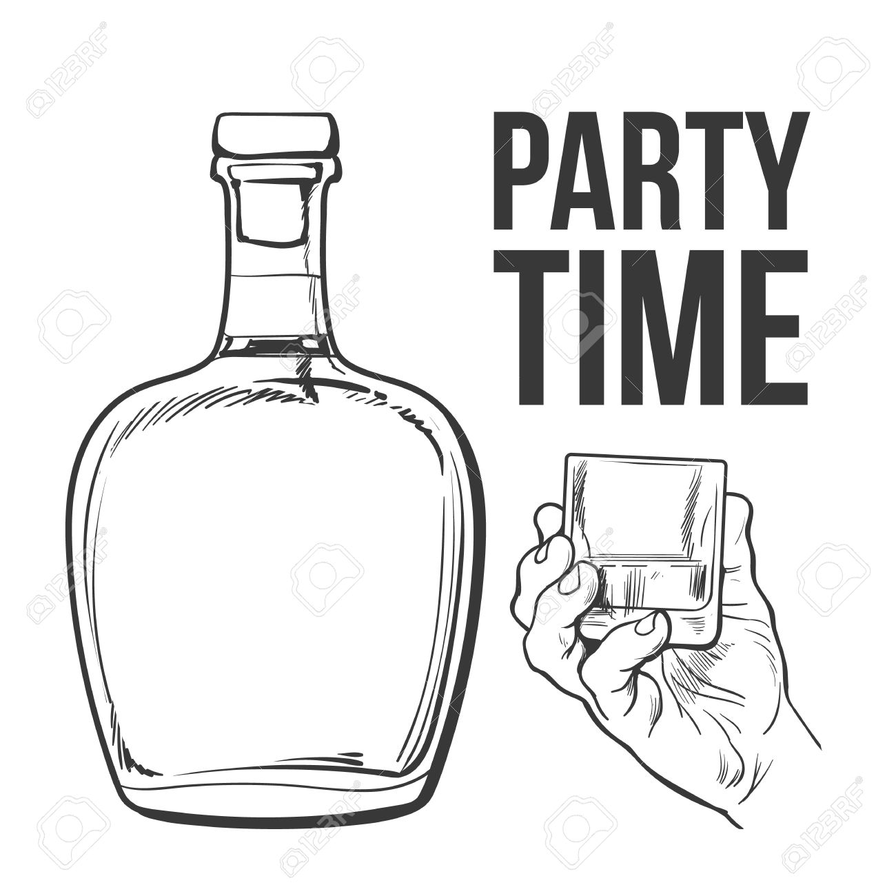 rum alcohol bottle and hand holding full shot glass sketch style