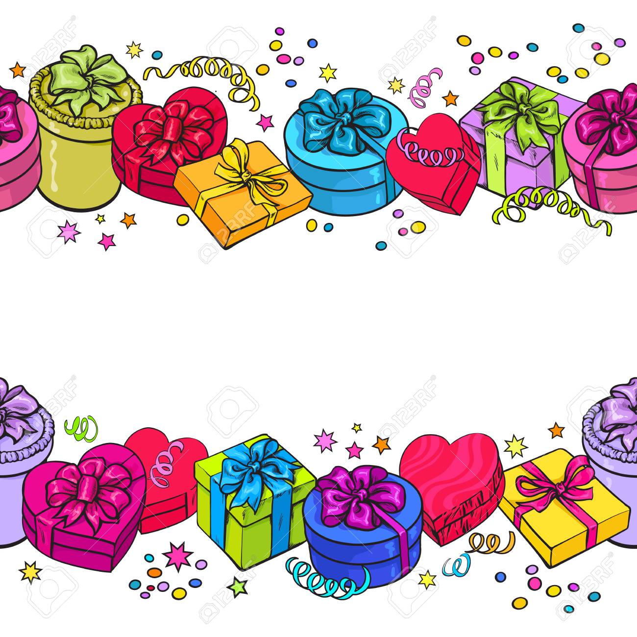 endless border of colorful sketch gift boxes with bows and ribbons gift border