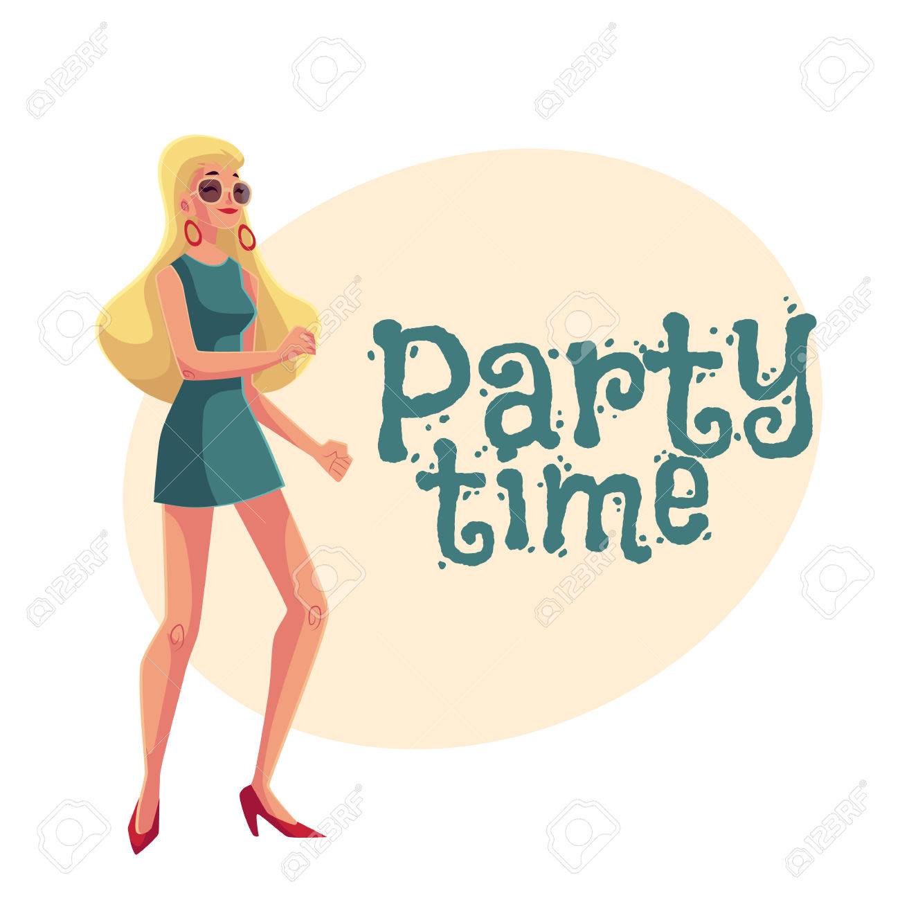 Young Woman With Long Blond Hair In Short 1960s Style Dress