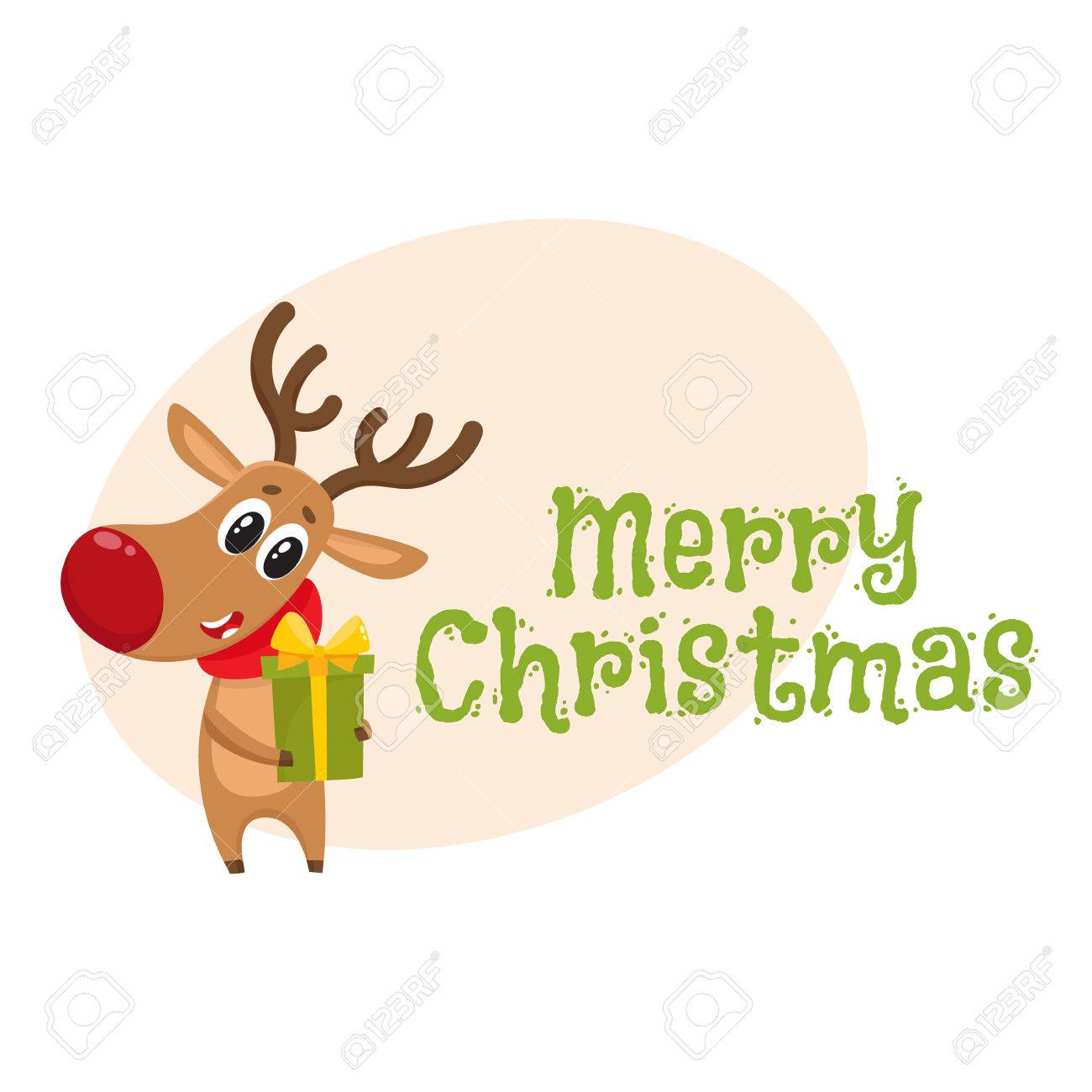 merry christmas greeting card template with funny reindeer in