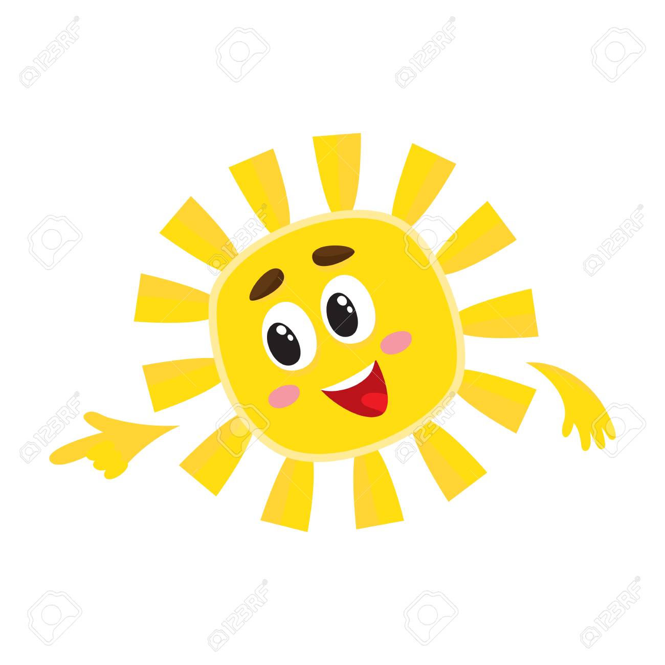Sol De Sorriso Que Aponta A Algo Com Seu Dedo Ilustracao Do Vetor Dos Desenhos Animados Isolada No Fundo Branco Personagem De Sol Alegre Simbolo Da Temporada De Verao Clima Quente E