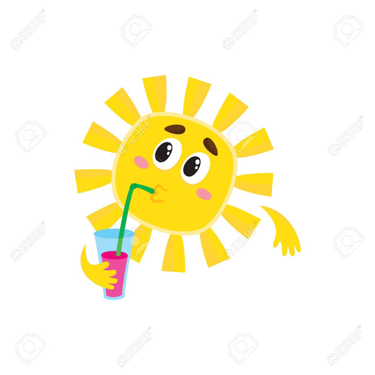 Thoughtful Sun Drinking Cocktail Through A Straw, Cartoon Vector - 1300x1300 - jpeg Vacation Emoticons